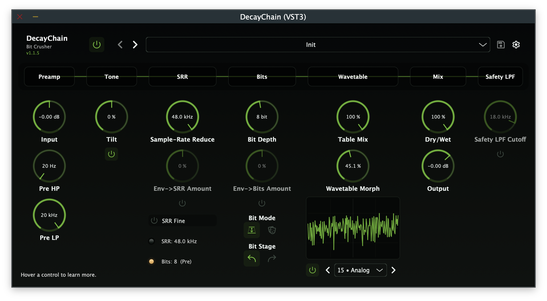 DecayChain bit-crusher and wavetable distortion plugin interface