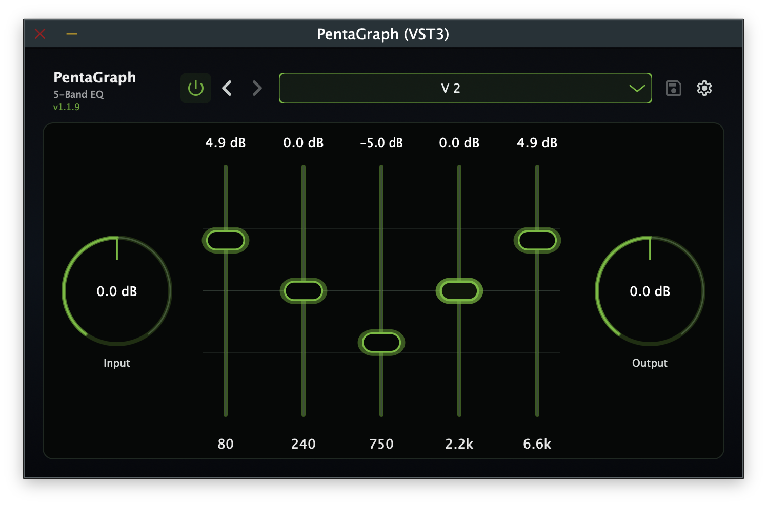 PentaGraph 5-band graphic EQ plugin interface
